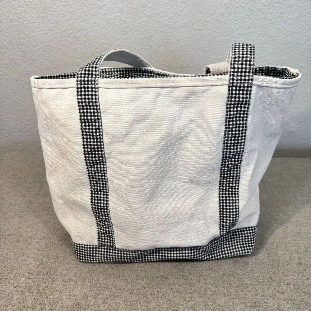 VTG Lands' End Tote Set of 2 Canvas Boat Bag Checkered Trim 90s Size 12x11 16x14
